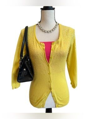 The Limited Yellow Beaded Cardigan Lightweight Cotton Sweater | Medium